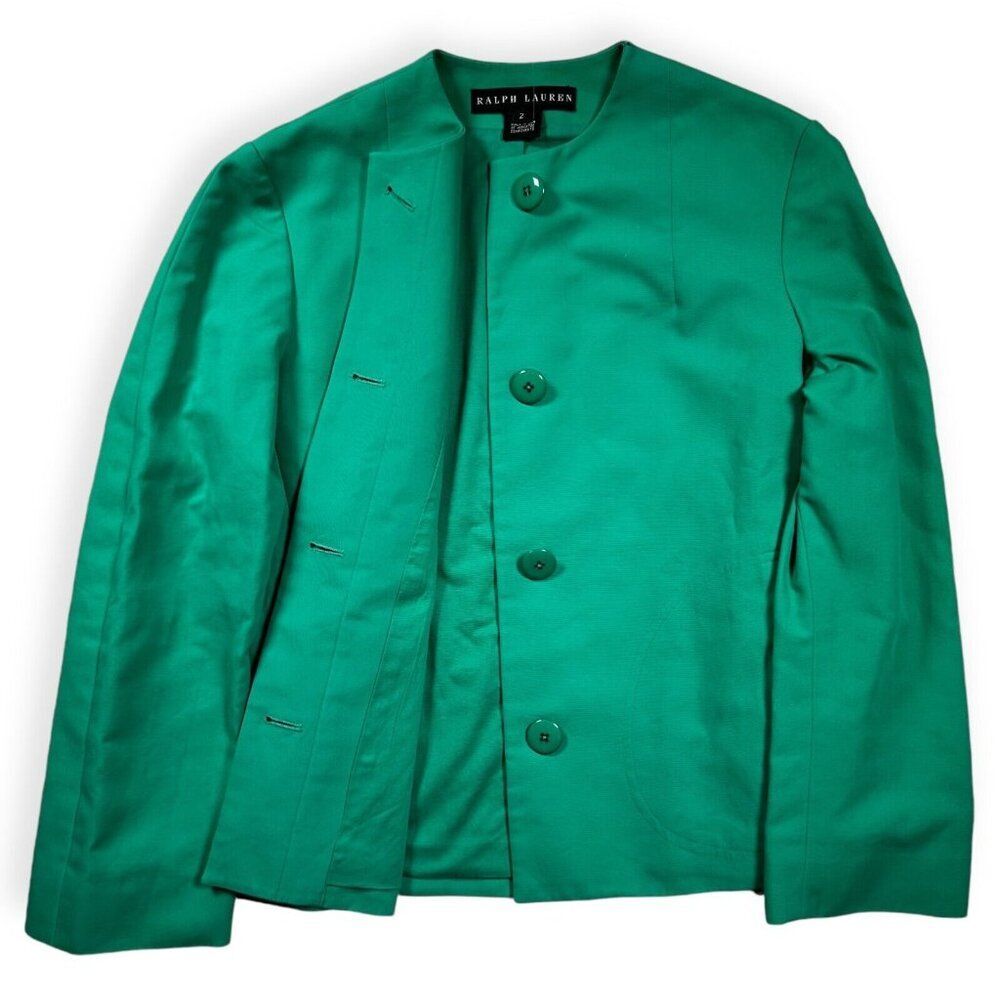 Ralph Lauren Black Label Green Blazer Cotton Hideaway Buttons Women's Size 2
